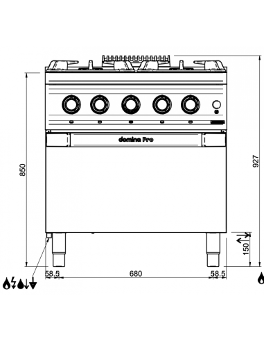 Dimensions-fourneaux-gaz-4-feux-MBM-sur-four-électrique-GN2/1