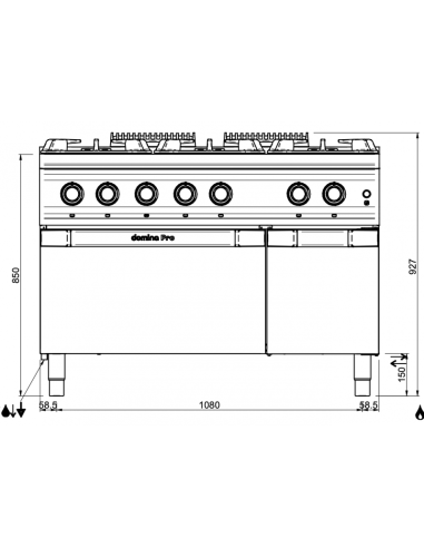 Dimensions-fourneaux-gaz-6-feux-MBM-sur-four-électrique-GN2/1-et-placard