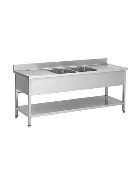 Plonge inox 2 bacs et 2 égouttoirs avec étagère basse