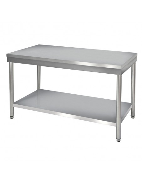 Table inox centrale avec étagère basse 200x70 cm
